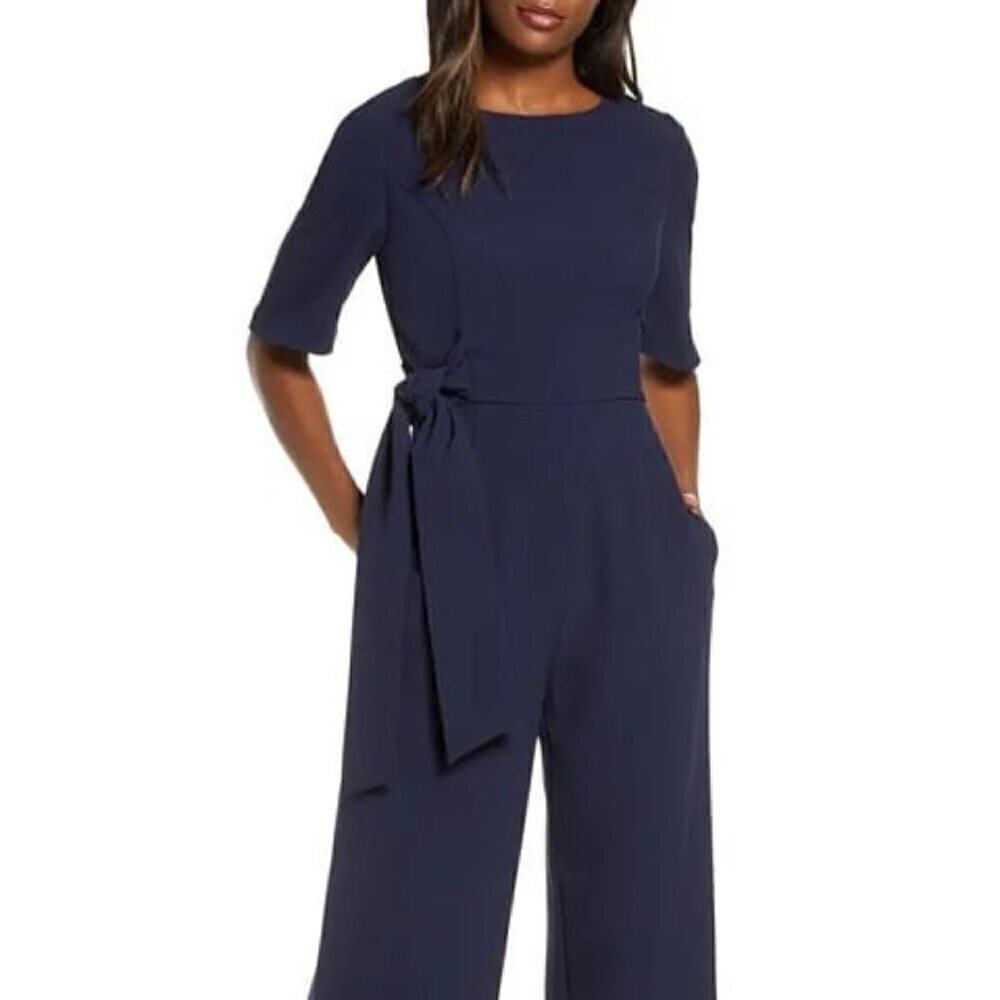 Julia Jordan Navy Blue Wide Leg Side Tie Jumpsuit Size 6‎ Short Sleeve Gold Zip